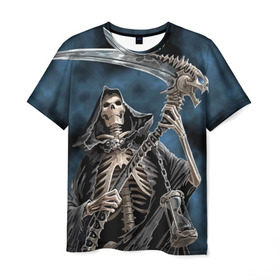 Мужская футболка 3D с принтом Скелетон в Екатеринбурге, 100% полиэфир | прямой крой, круглый вырез горловины, длина до линии бедер | death | skeleton | skull | капюшон | коса | скелет | череп