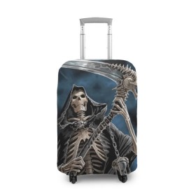 Чехол для чемодана 3D с принтом Скелетон в Екатеринбурге, 86% полиэфир, 14% спандекс | двустороннее нанесение принта, прорези для ручек и колес | death | skeleton | skull | капюшон | коса | скелет | череп