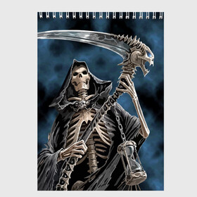 Скетчбук с принтом Скелетон в Екатеринбурге, 100% бумага
 | 48 листов, плотность листов — 100 г/м2, плотность картонной обложки — 250 г/м2. Листы скреплены сверху удобной пружинной спиралью | death | skeleton | skull | капюшон | коса | скелет | череп