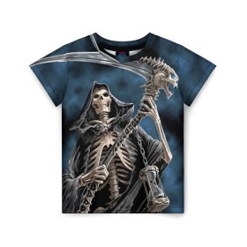 Детская футболка 3D с принтом Скелетон в Екатеринбурге, 100% гипоаллергенный полиэфир | прямой крой, круглый вырез горловины, длина до линии бедер, чуть спущенное плечо, ткань немного тянется | death | skeleton | skull | капюшон | коса | скелет | череп