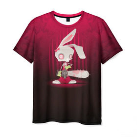 Мужская футболка 3D с принтом Заяц с бензопилой в Екатеринбурге, 100% полиэфир | прямой крой, круглый вырез горловины, длина до линии бедер | бензопила | девушке | зайка | заяц | красная | мульт | мультфильм | прикол | ужас | цветы