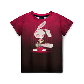 Детская футболка 3D с принтом Заяц с бензопилой в Екатеринбурге, 100% гипоаллергенный полиэфир | прямой крой, круглый вырез горловины, длина до линии бедер, чуть спущенное плечо, ткань немного тянется | Тематика изображения на принте: бензопила | девушке | зайка | заяц | красная | мульт | мультфильм | прикол | ужас | цветы