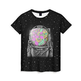 Женская футболка 3D с принтом Цветочный астонавт в Екатеринбурге, 100% полиэфир ( синтетическое хлопкоподобное полотно) | прямой крой, круглый вырез горловины, длина до линии бедер | astronaut | cosmonaut | cosmos | galaxy | planet | space | star | астронавт | галактика | звезды | космонавт | космос | планета | скафандр | цветы