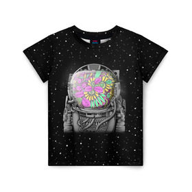 Детская футболка 3D с принтом Цветочный астонавт в Екатеринбурге, 100% гипоаллергенный полиэфир | прямой крой, круглый вырез горловины, длина до линии бедер, чуть спущенное плечо, ткань немного тянется | astronaut | cosmonaut | cosmos | galaxy | planet | space | star | астронавт | галактика | звезды | космонавт | космос | планета | скафандр | цветы