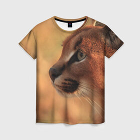 Женская футболка 3D с принтом Рысь в Екатеринбурге, 100% полиэфир ( синтетическое хлопкоподобное полотно) | прямой крой, круглый вырез горловины, длина до линии бедер | амурский | животные | киса | кот | котенок | кошка | пума | рысь | серый | тигр | хищник