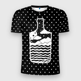 Мужская футболка 3D спортивная с принтом Эликсир природы в Екатеринбурге, 100% полиэстер с улучшенными характеристиками | приталенный силуэт, круглая горловина, широкие плечи, сужается к линии бедра | beach | bottle | drink | elixir | nature | ocean | sea | sky | бутылка | коктейль | море | напиток | небо | океан | песок | пляж | природа | эликсир