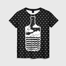 Женская футболка 3D с принтом Эликсир природы в Екатеринбурге, 100% полиэфир ( синтетическое хлопкоподобное полотно) | прямой крой, круглый вырез горловины, длина до линии бедер | beach | bottle | drink | elixir | nature | ocean | sea | sky | бутылка | коктейль | море | напиток | небо | океан | песок | пляж | природа | эликсир