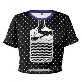 Женская футболка 3D укороченная с принтом Эликсир природы в Екатеринбурге, 100% полиэстер | круглая горловина, длина футболки до линии талии, рукава с отворотами | beach | bottle | drink | elixir | nature | ocean | sea | sky | бутылка | коктейль | море | напиток | небо | океан | песок | пляж | природа | эликсир