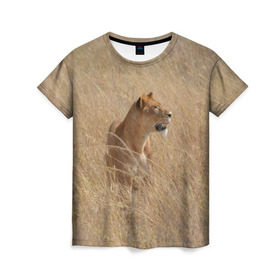 Женская футболка 3D с принтом Львица в траве в Екатеринбурге, 100% полиэфир ( синтетическое хлопкоподобное полотно) | прямой крой, круглый вырез горловины, длина до линии бедер | амурский | животные | киса | кот | котенок | кошка | лев | львица | пума | рысь | серый | тигр | хищник