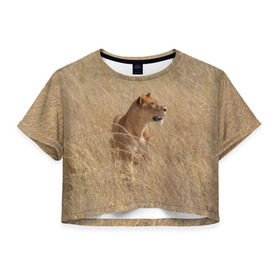 Женская футболка 3D укороченная с принтом Львица в траве в Екатеринбурге, 100% полиэстер | круглая горловина, длина футболки до линии талии, рукава с отворотами | Тематика изображения на принте: амурский | животные | киса | кот | котенок | кошка | лев | львица | пума | рысь | серый | тигр | хищник