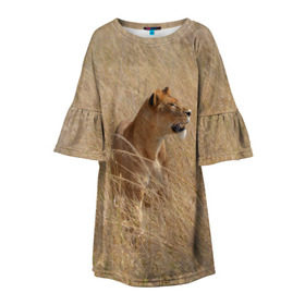 Детское платье 3D с принтом Львица в траве в Екатеринбурге, 100% полиэстер | прямой силуэт, чуть расширенный к низу. Круглая горловина, на рукавах — воланы | амурский | животные | киса | кот | котенок | кошка | лев | львица | пума | рысь | серый | тигр | хищник