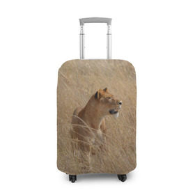 Чехол для чемодана 3D с принтом Львица в траве в Екатеринбурге, 86% полиэфир, 14% спандекс | двустороннее нанесение принта, прорези для ручек и колес | амурский | животные | киса | кот | котенок | кошка | лев | львица | пума | рысь | серый | тигр | хищник