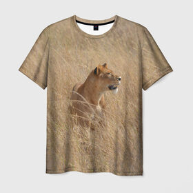 Мужская футболка 3D с принтом Львица в траве в Екатеринбурге, 100% полиэфир | прямой крой, круглый вырез горловины, длина до линии бедер | амурский | животные | киса | кот | котенок | кошка | лев | львица | пума | рысь | серый | тигр | хищник