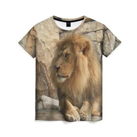 Женская футболка 3D с принтом Лев в Екатеринбурге, 100% полиэфир ( синтетическое хлопкоподобное полотно) | прямой крой, круглый вырез горловины, длина до линии бедер | амурский | животные | киса | кот | котенок | кошка | лев | львица | пума | рысь | серый | тигр | хищник