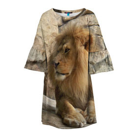 Детское платье 3D с принтом Лев в Екатеринбурге, 100% полиэстер | прямой силуэт, чуть расширенный к низу. Круглая горловина, на рукавах — воланы | Тематика изображения на принте: амурский | животные | киса | кот | котенок | кошка | лев | львица | пума | рысь | серый | тигр | хищник