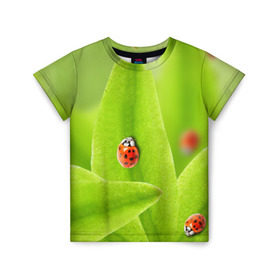 Детская футболка 3D с принтом Жучки на травке в Екатеринбурге, 100% гипоаллергенный полиэфир | прямой крой, круглый вырез горловины, длина до линии бедер, чуть спущенное плечо, ткань немного тянется | жук | зеленый | зелень | красный | насекомые | природа