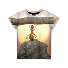 Детская футболка 3D с принтом Муравей в Екатеринбурге, 100% гипоаллергенный полиэфир | прямой крой, круглый вырез горловины, длина до линии бедер, чуть спущенное плечо, ткань немного тянется | Тематика изображения на принте: ветка | жук | закат | камень | муравей | насекомые | природа