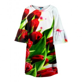 Детское платье 3D с принтом Тюльпаны в Екатеринбурге, 100% полиэстер | прямой силуэт, чуть расширенный к низу. Круглая горловина, на рукавах — воланы | Тематика изображения на принте: flower | букет | весна | красные | цветочки | цветы