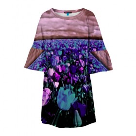 Детское платье 3D с принтом Поле тюльпанов в Екатеринбурге, 100% полиэстер | прямой силуэт, чуть расширенный к низу. Круглая горловина, на рукавах — воланы | flower | весна | поле | полевой цветок | природа | цветочки | цветы