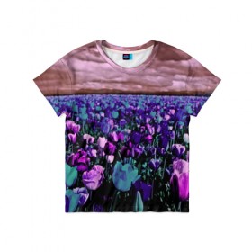 Детская футболка 3D с принтом Поле тюльпанов в Екатеринбурге, 100% гипоаллергенный полиэфир | прямой крой, круглый вырез горловины, длина до линии бедер, чуть спущенное плечо, ткань немного тянется | flower | весна | поле | полевой цветок | природа | цветочки | цветы