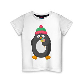 Детская футболка хлопок с принтом Пингвин с мороженым в Екатеринбурге, 100% хлопок | круглый вырез горловины, полуприлегающий силуэт, длина до линии бедер | Тематика изображения на принте: животные | милые животные | мороженое | пингвин | прикольные животные