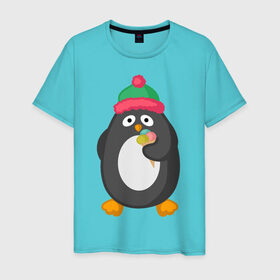 Мужская футболка хлопок с принтом Пингвин с мороженым в Екатеринбурге, 100% хлопок | прямой крой, круглый вырез горловины, длина до линии бедер, слегка спущенное плечо. | животные | милые животные | мороженое | пингвин | прикольные животные