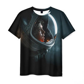 Мужская футболка 3D с принтом Девушка космонавт в Екатеринбурге, 100% полиэфир | прямой крой, круглый вырез горловины, длина до линии бедер | alien | космос | рипли | скафандр | чужой