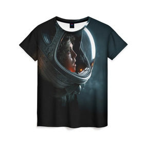 Женская футболка 3D с принтом Девушка космонавт в Екатеринбурге, 100% полиэфир ( синтетическое хлопкоподобное полотно) | прямой крой, круглый вырез горловины, длина до линии бедер | alien | космос | рипли | скафандр | чужой