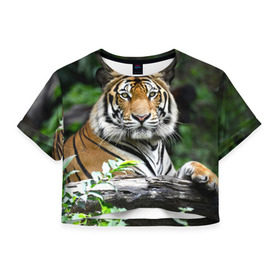 Женская футболка 3D укороченная с принтом Тигр в джунглях в Екатеринбурге, 100% полиэстер | круглая горловина, длина футболки до линии талии, рукава с отворотами | амурский | животные | зверь | киса | кот | котенок | кошка | тигр | хищник