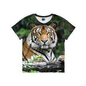 Детская футболка 3D с принтом Тигр в джунглях в Екатеринбурге, 100% гипоаллергенный полиэфир | прямой крой, круглый вырез горловины, длина до линии бедер, чуть спущенное плечо, ткань немного тянется | амурский | животные | зверь | киса | кот | котенок | кошка | тигр | хищник