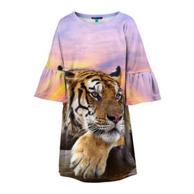 Детское платье 3D с принтом Тигр в Екатеринбурге, 100% полиэстер | прямой силуэт, чуть расширенный к низу. Круглая горловина, на рукавах — воланы | Тематика изображения на принте: амурский | животные | зверь | киса | кот | котенок | кошка | тигр | хищник