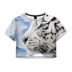 Женская футболка 3D укороченная с принтом Белый тигр в Екатеринбурге, 100% полиэстер | круглая горловина, длина футболки до линии талии, рукава с отворотами | 