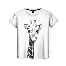 Женская футболка 3D с принтом Жираф в Екатеринбурге, 100% полиэфир ( синтетическое хлопкоподобное полотно) | прямой крой, круглый вырез горловины, длина до линии бедер | арт | взгляд | глаза | животные | жираф | прикольные