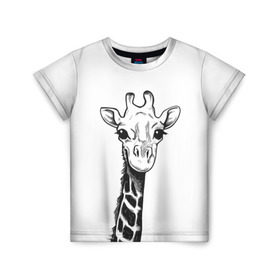 Детская футболка 3D с принтом Жираф в Екатеринбурге, 100% гипоаллергенный полиэфир | прямой крой, круглый вырез горловины, длина до линии бедер, чуть спущенное плечо, ткань немного тянется | Тематика изображения на принте: арт | взгляд | глаза | животные | жираф | прикольные