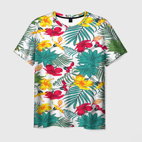 Мужская футболка 3D с принтом Тропический узор в Екатеринбурге, 100% полиэфир | прямой крой, круглый вырез горловины, длина до линии бедер | flower | тропики | тропический p | цветочки | цветы