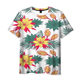 Мужская футболка 3D с принтом Tropical Pattern в Екатеринбурге, 100% полиэфир | прямой крой, круглый вырез горловины, длина до линии бедер | Тематика изображения на принте: flower | поле | тропики | тропический | цветочки | цветы