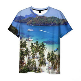 Мужская футболка 3D с принтом Таиланд в Екатеринбурге, 100% полиэфир | прямой крой, круглый вырез горловины, длина до линии бедер | beach | clouds | islands | palm trees | people | sand | sea | ships | sky | thailand | tourism | корабли | люди | море | небо | облака | острова | пальмы | песок | пляж | таиланд | туризм