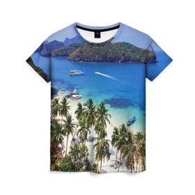 Женская футболка 3D с принтом Таиланд в Екатеринбурге, 100% полиэфир ( синтетическое хлопкоподобное полотно) | прямой крой, круглый вырез горловины, длина до линии бедер | beach | clouds | islands | palm trees | people | sand | sea | ships | sky | thailand | tourism | корабли | люди | море | небо | облака | острова | пальмы | песок | пляж | таиланд | туризм