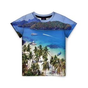Детская футболка 3D с принтом Таиланд в Екатеринбурге, 100% гипоаллергенный полиэфир | прямой крой, круглый вырез горловины, длина до линии бедер, чуть спущенное плечо, ткань немного тянется | beach | clouds | islands | palm trees | people | sand | sea | ships | sky | thailand | tourism | корабли | люди | море | небо | облака | острова | пальмы | песок | пляж | таиланд | туризм