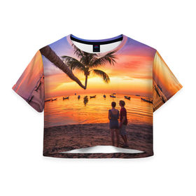 Женская футболка 3D укороченная с принтом Таиланд в Екатеринбурге, 100% полиэстер | круглая горловина, длина футболки до линии талии, рукава с отворотами | beach | clouds | love | palm tree | people | sea | sky | sunset | thailand | tourism | закат | любовь | люди | море | небо | облака | пальма | пляж | таиланд | туризм
