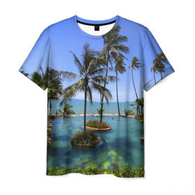 Мужская футболка 3D с принтом Таиланд в Екатеринбурге, 100% полиэфир | прямой крой, круглый вырез горловины, длина до линии бедер | clouds | hiking | sea | sky | swimming pool | thailand | trees | бассейн | море | небо | облака | пальмы | таиланд | туризм