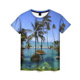 Женская футболка 3D с принтом Таиланд в Екатеринбурге, 100% полиэфир ( синтетическое хлопкоподобное полотно) | прямой крой, круглый вырез горловины, длина до линии бедер | clouds | hiking | sea | sky | swimming pool | thailand | trees | бассейн | море | небо | облака | пальмы | таиланд | туризм