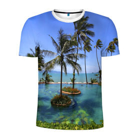 Мужская футболка 3D спортивная с принтом Таиланд в Екатеринбурге, 100% полиэстер с улучшенными характеристиками | приталенный силуэт, круглая горловина, широкие плечи, сужается к линии бедра | clouds | hiking | sea | sky | swimming pool | thailand | trees | бассейн | море | небо | облака | пальмы | таиланд | туризм