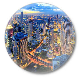 Значок с принтом Таиланд в Екатеринбурге,  металл | круглая форма, металлическая застежка в виде булавки | architecture | bangkok | city | lights | night | sky | skyscrapers | sunset | thailand | архитектура | бангкок | город | закат | небо | ночь | огни | таиланд