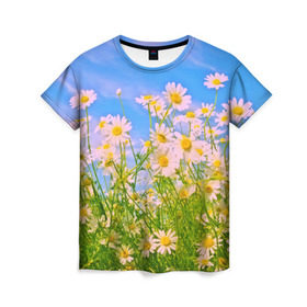 Женская футболка 3D с принтом Ромашка в Екатеринбурге, 100% полиэфир ( синтетическое хлопкоподобное полотно) | прямой крой, круглый вырез горловины, длина до линии бедер | flower | лето | полевой цветок | цветочки | цветы