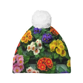 Шапка 3D c помпоном с принтом Фиалки в Екатеринбурге, 100% полиэстер | универсальный размер, печать по всей поверхности изделия | flower | лето | поле | полевой цветок | цветочки | цветы
