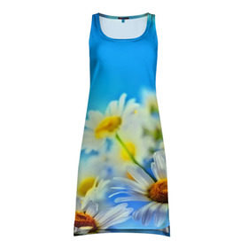 Платье-майка 3D с принтом Ромашка полевая в Екатеринбурге, 100% полиэстер | полуприлегающий силуэт, широкие бретели, круглый вырез горловины, удлиненный подол сзади. | flower | лето | поле | полевой цветок | цветочки | цветы