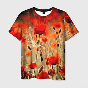 Мужская футболка 3D с принтом Маковое поле в Екатеринбурге, 100% полиэфир | прямой крой, круглый вырез горловины, длина до линии бедер | Тематика изображения на принте: flower | красные | лето | поле | полевой цветок | цветочки | цветы
