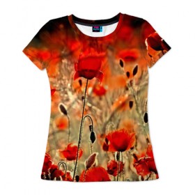 Женская футболка 3D с принтом Маковое поле в Екатеринбурге, 100% полиэфир ( синтетическое хлопкоподобное полотно) | прямой крой, круглый вырез горловины, длина до линии бедер | flower | красные | лето | поле | полевой цветок | цветочки | цветы