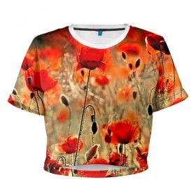 Женская футболка 3D укороченная с принтом Маковое поле в Екатеринбурге, 100% полиэстер | круглая горловина, длина футболки до линии талии, рукава с отворотами | flower | красные | лето | поле | полевой цветок | цветочки | цветы